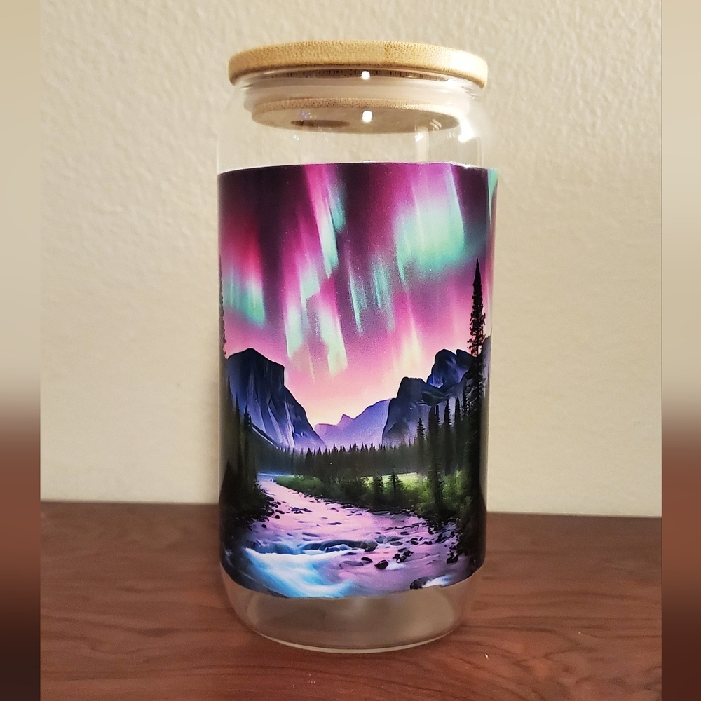 Aurora Borealis Northern lights Glass Tumbler 16oz bamboo lid straw